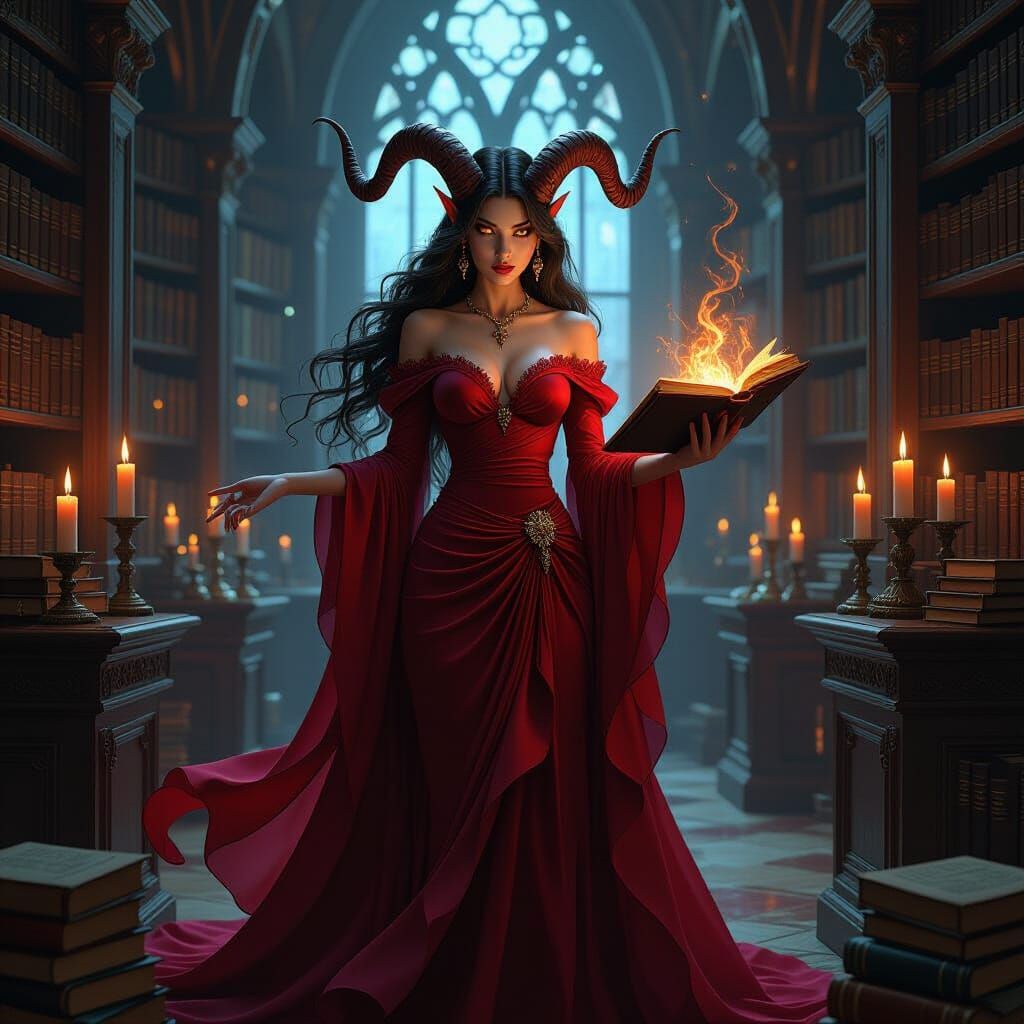 Tiefling Sorceress in Mystical Library, Baroque Fantasy Art