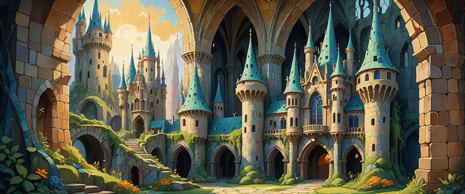 Faerie Castle Architecture in Watercolor Style