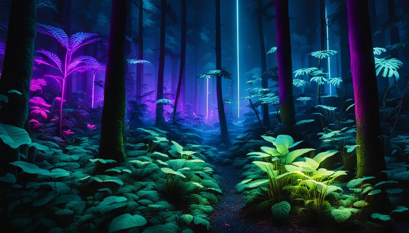 Neon Lit Forest at Night