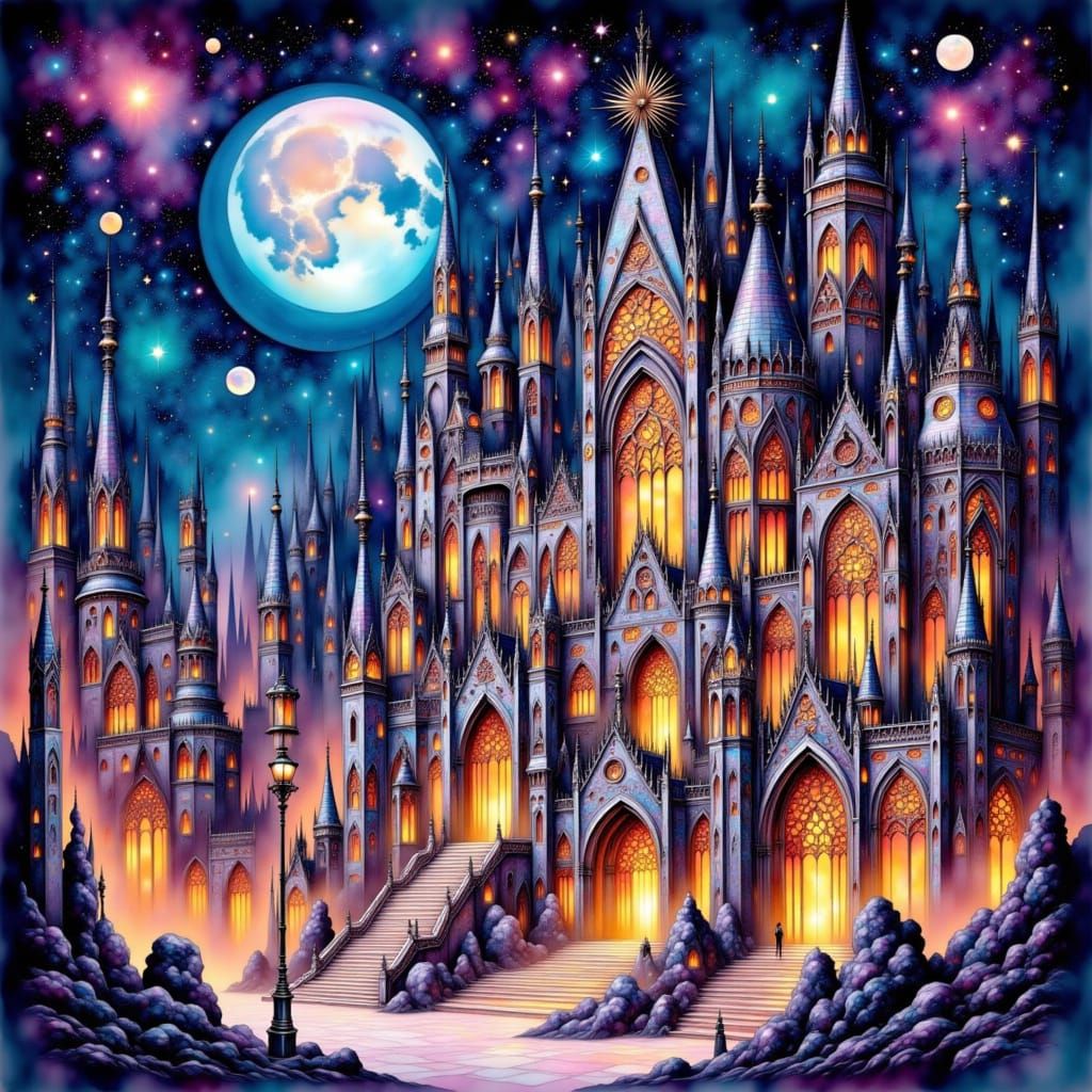 Imperial Gothic Megastructure in Dreamlike Watercolor Style