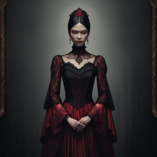 Men in Crimson Attire Stand Beside a Woman in a Mysterious B...