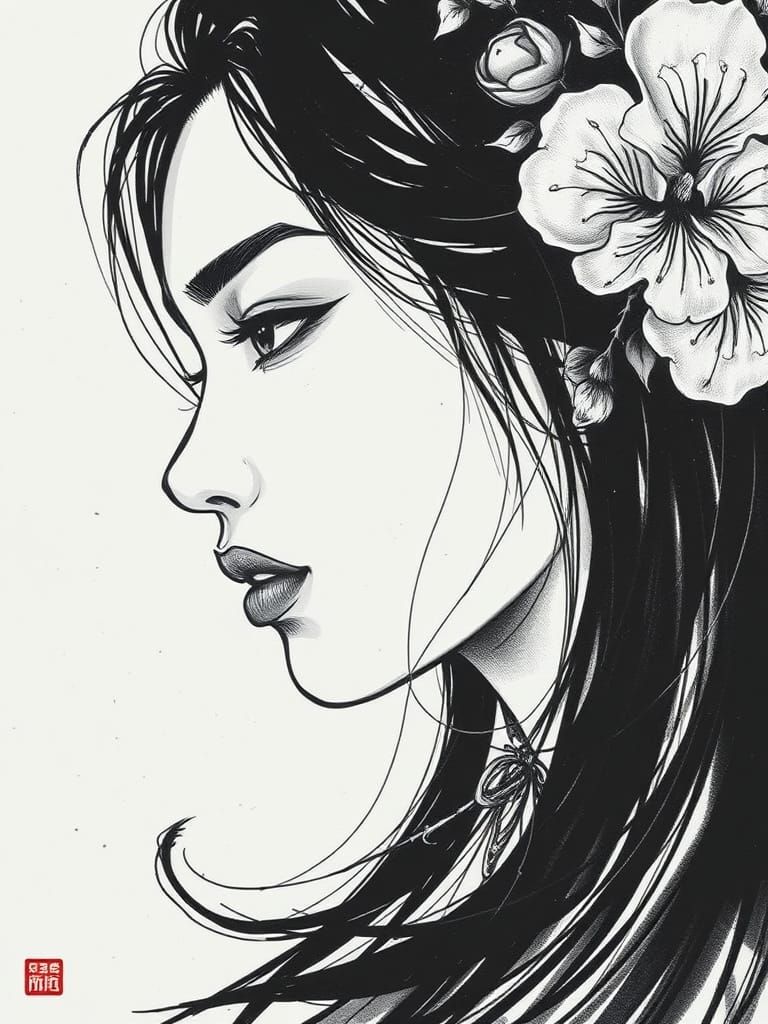 Elegant Woman in Calligraphy Ink Style