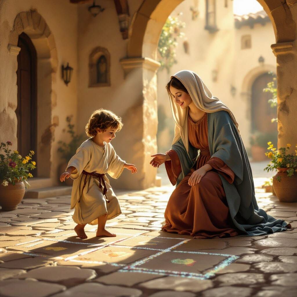 Mary and Young Jesus Playing Hopscotch in Courtyard