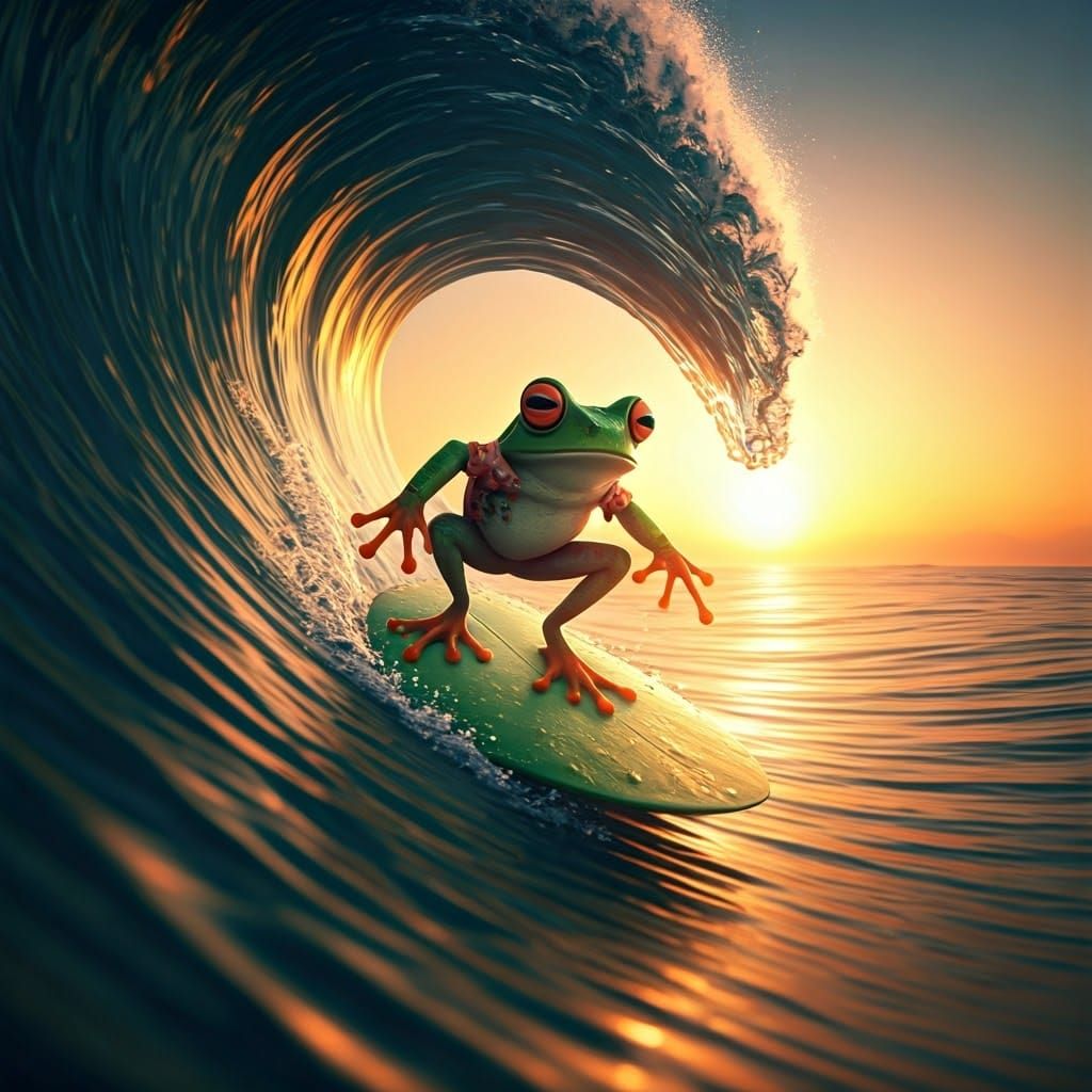 Frog Surfer Riding a Water Lily Pad on a Massive Wave