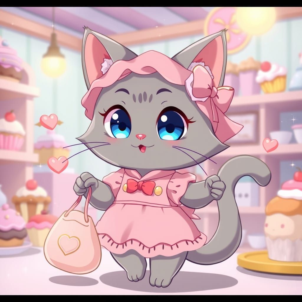 Anime Cat Girl in Pastel Bakery, Studio Ghibli Style