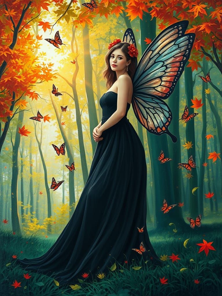 Beautiful Fairy in Forest, Neo-Impressionist Oil Painting