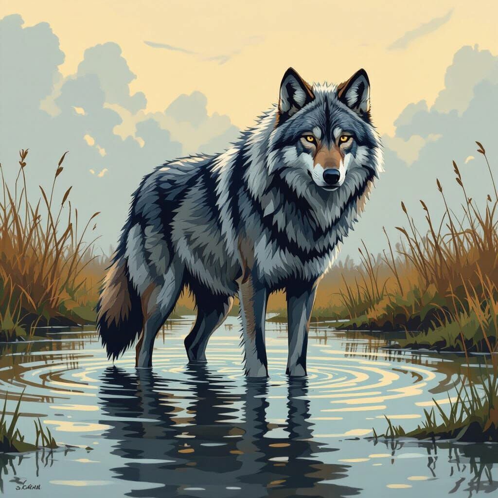 Majestic Wolf in Water, Digital Art