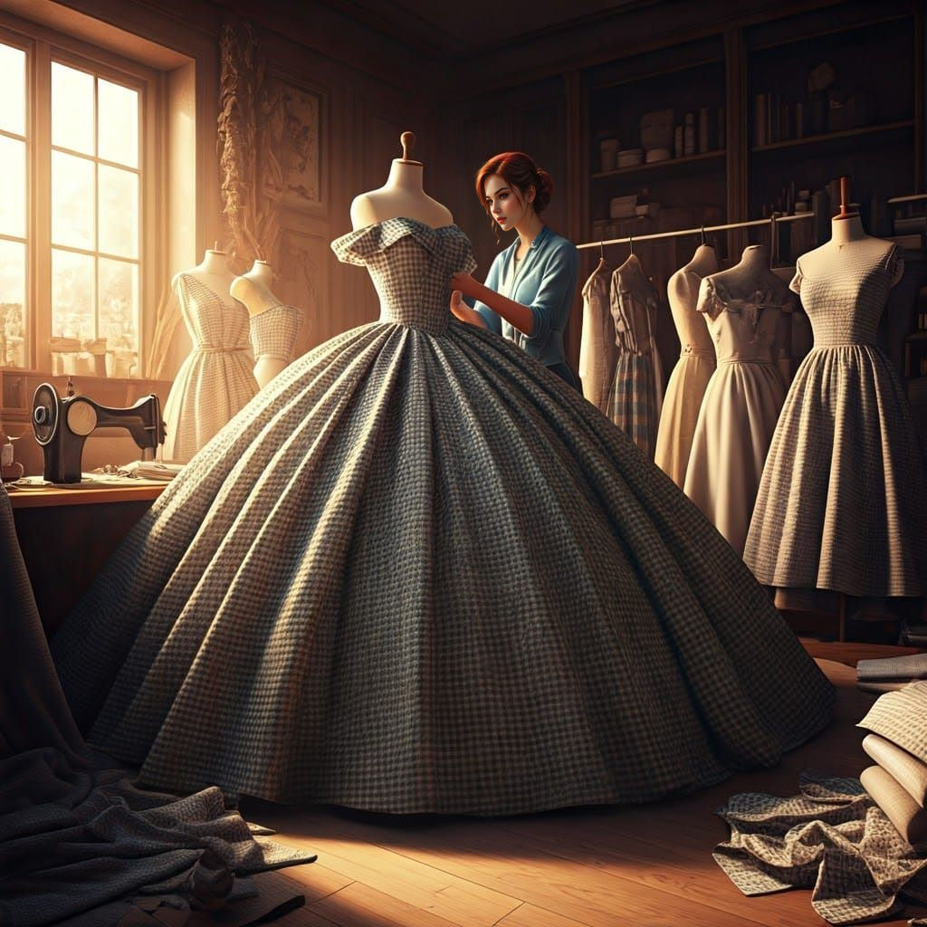Sewing Studio Masterpiece with Elegant Gingham Ball Gown