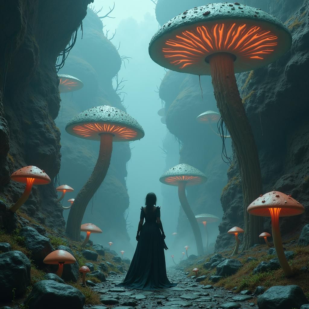 Surreal Sorceress in a Bioluminescent Mushroom City