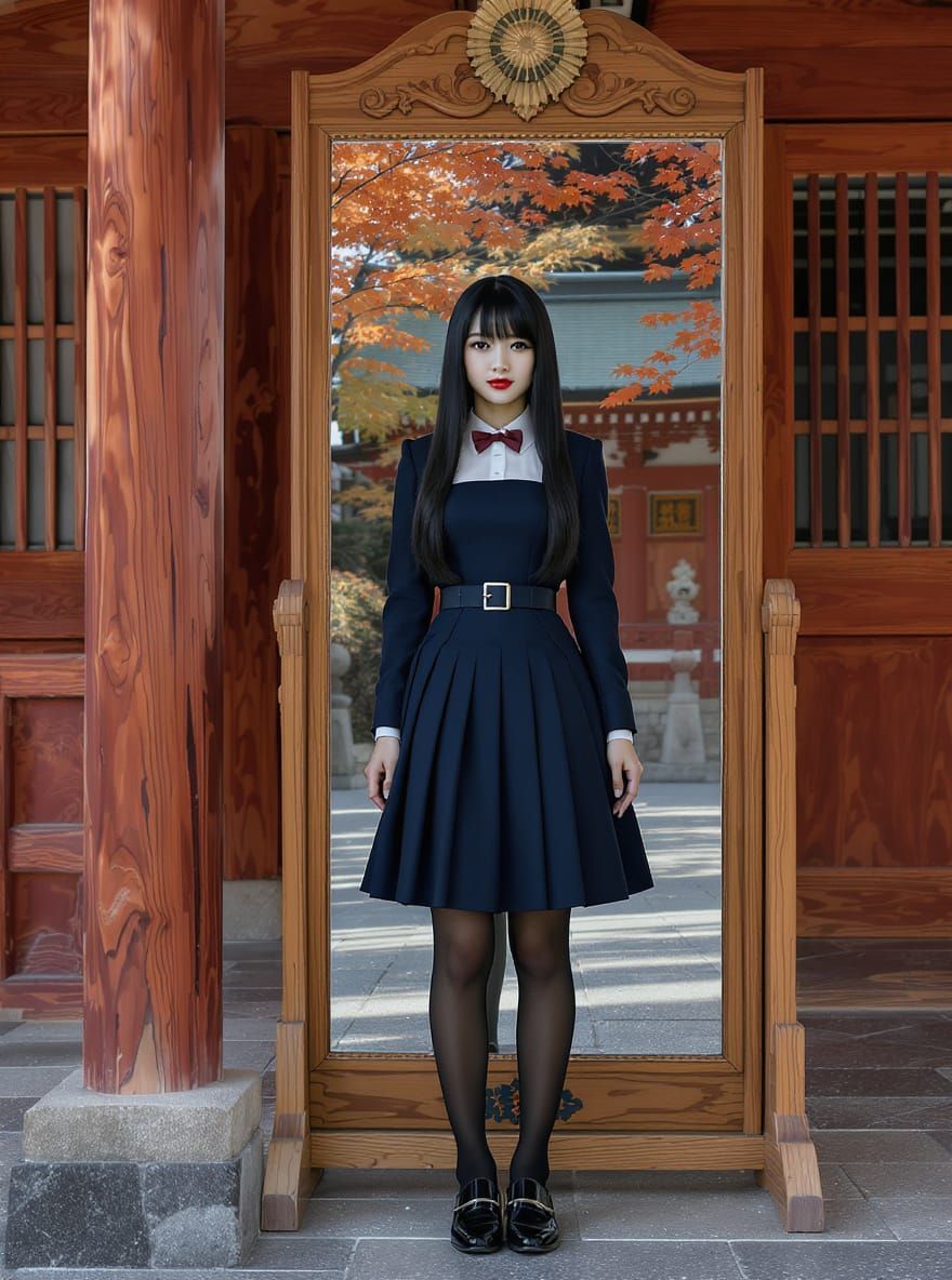Kaori at Shrine Reflected in Mirror, Autumn Daylight