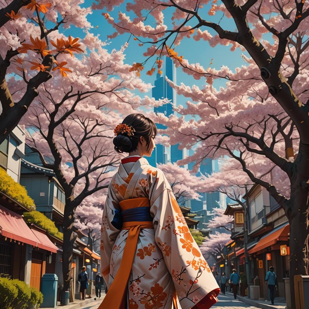 Woman in Kimono Under Cherry Blossoms, Digital Matte Paintin...