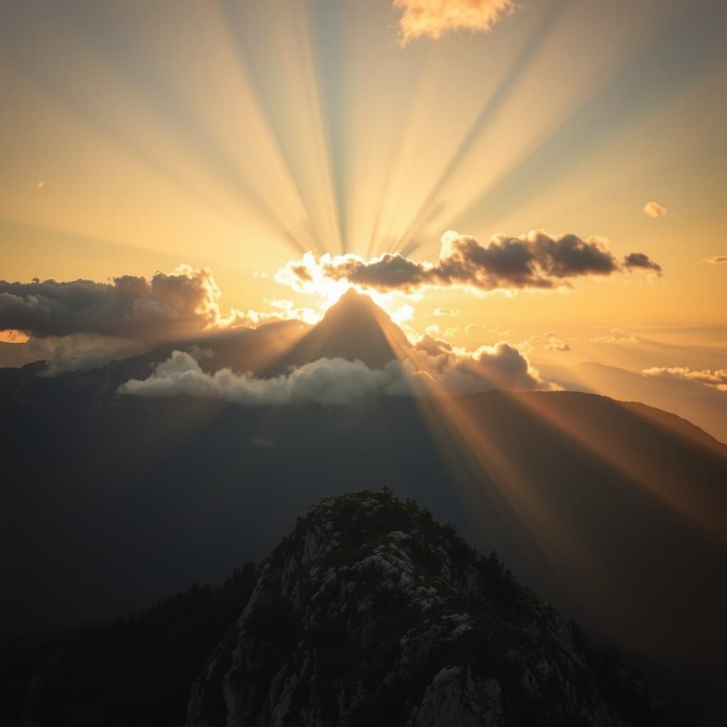 Sun Rays Break Through Clouds Over Mountain Peak