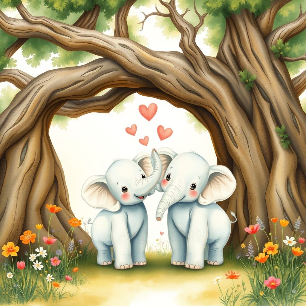 Elephants Under a Tree, a Heartfelt Storybook Scene in Beatr...