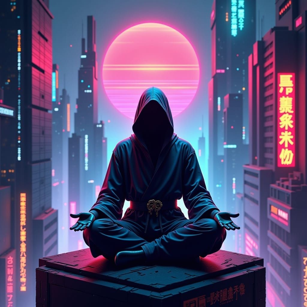 Cyberpunk Karate Master Meditating on Skyscraper