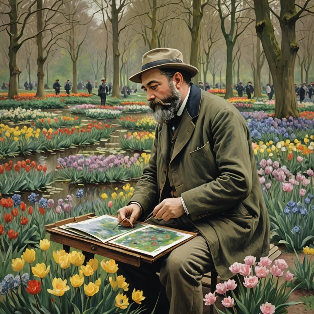 Plein Air Painting in Flower Garden, Impressionist Style