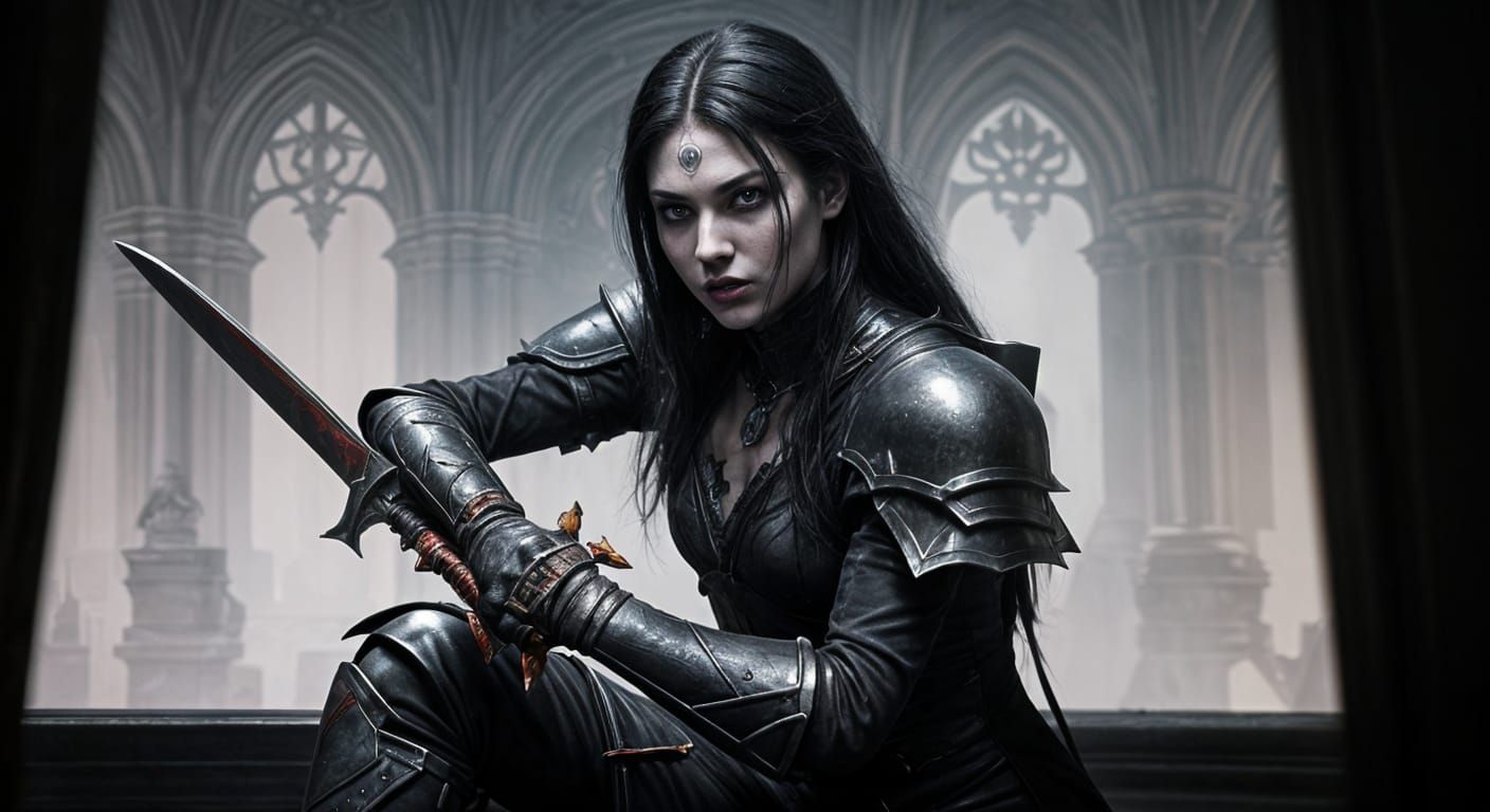 Female Vampiress with Sword in Throne Room