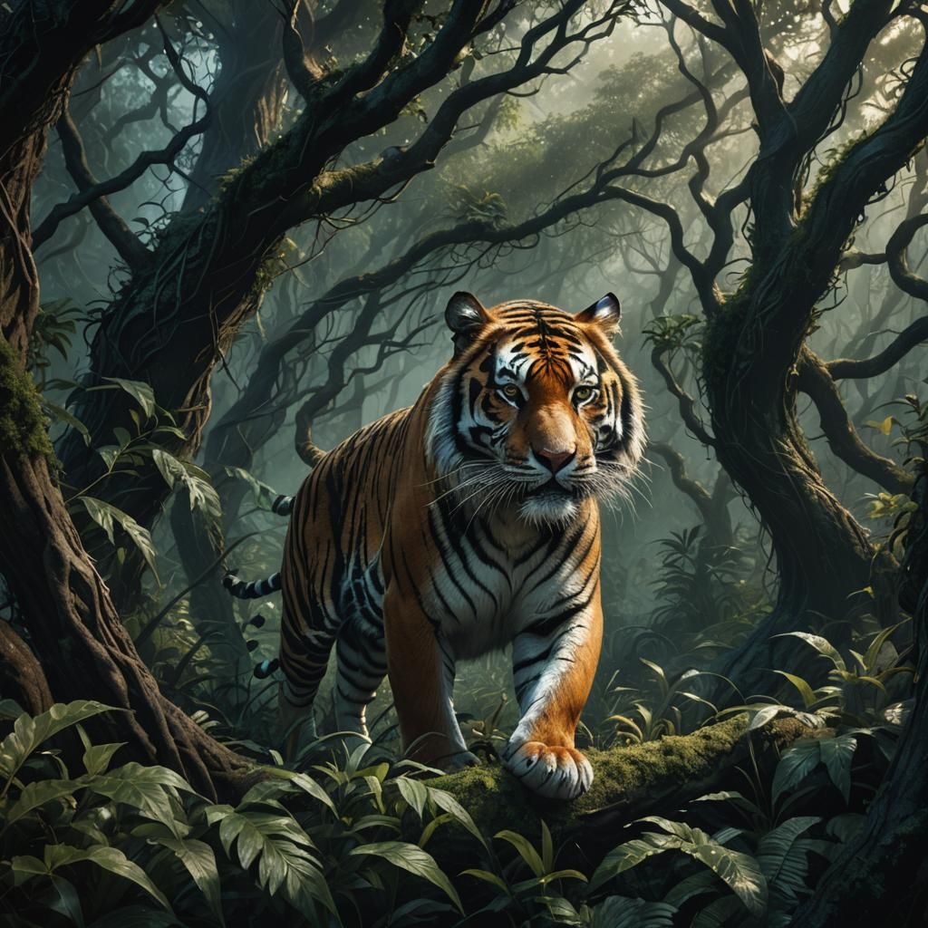 Tiger Stalks Through Dark Fantasy Forest