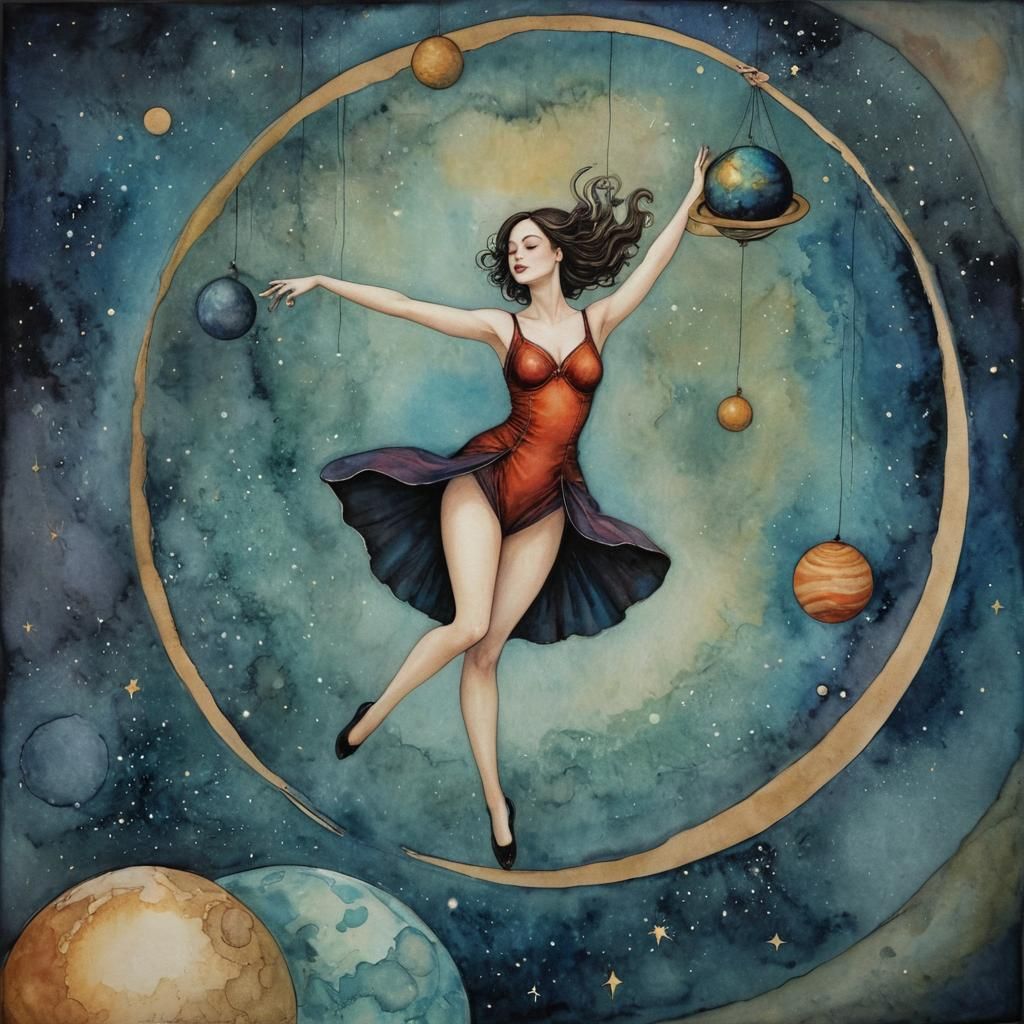 Planets, Moons, and Woman in Colorful Space Art