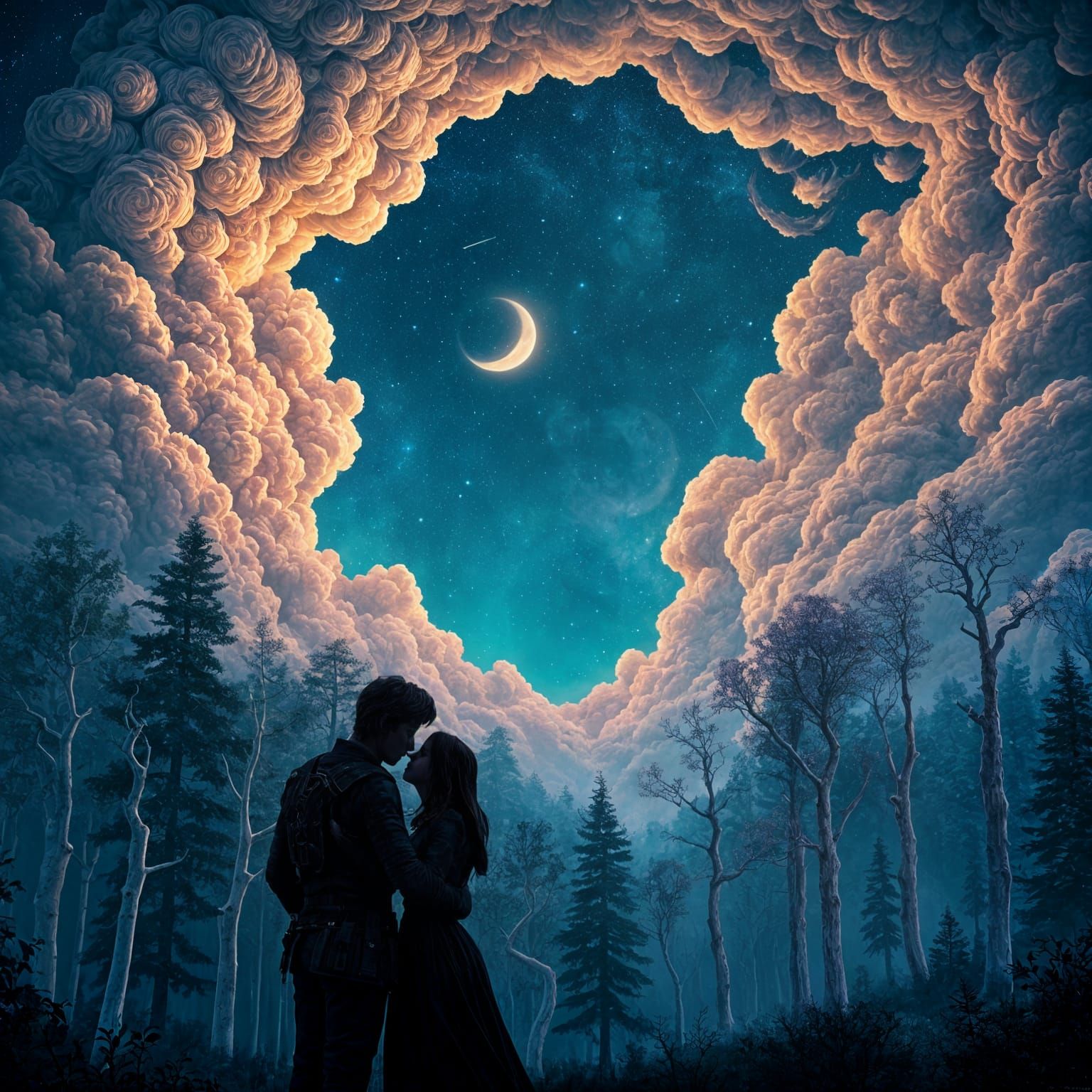 Stargazing Couple in Vibrant Fantasy Landscape