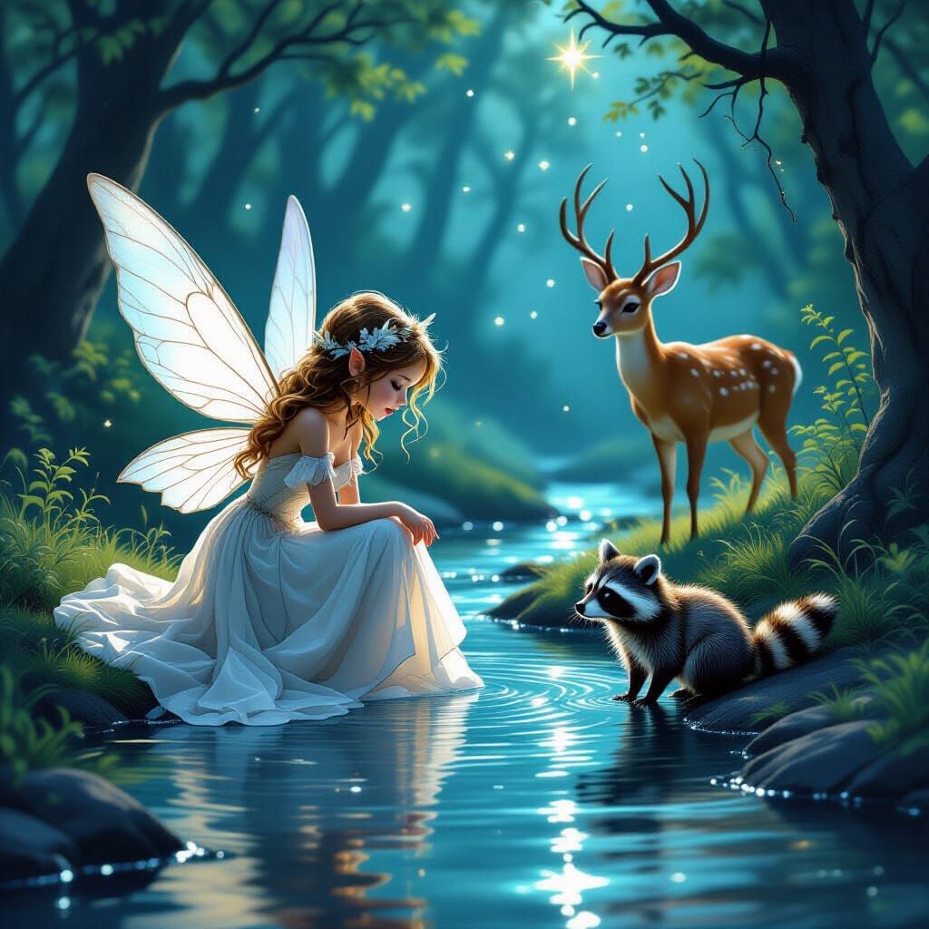 Enchanted Forest Fairy with Raccoon in Comic Style