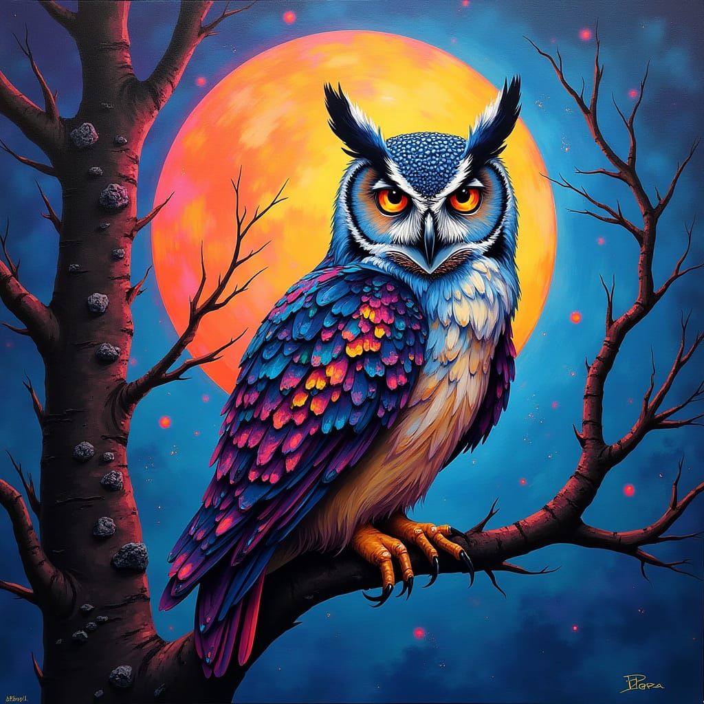 Vivid Abstract Owl on Wintry Branch, Cosmic Sky Art