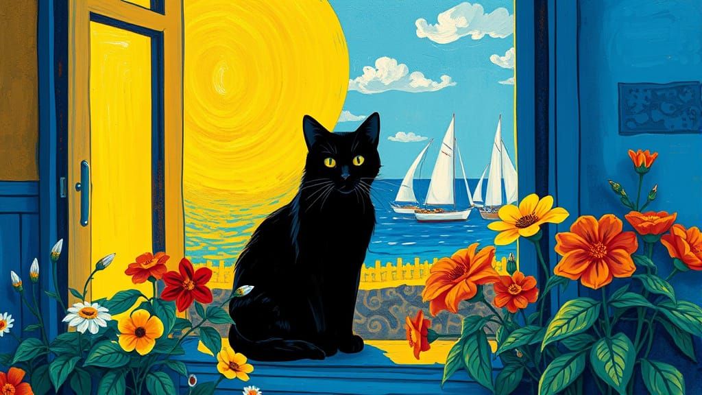 Vibrant Fauvist Window Scene with Cat and Sailboats