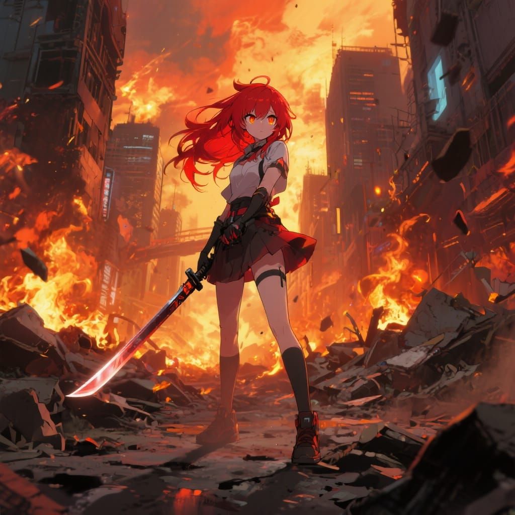 Anime Warrior Stands Defiant in Burning Cyberpunk City