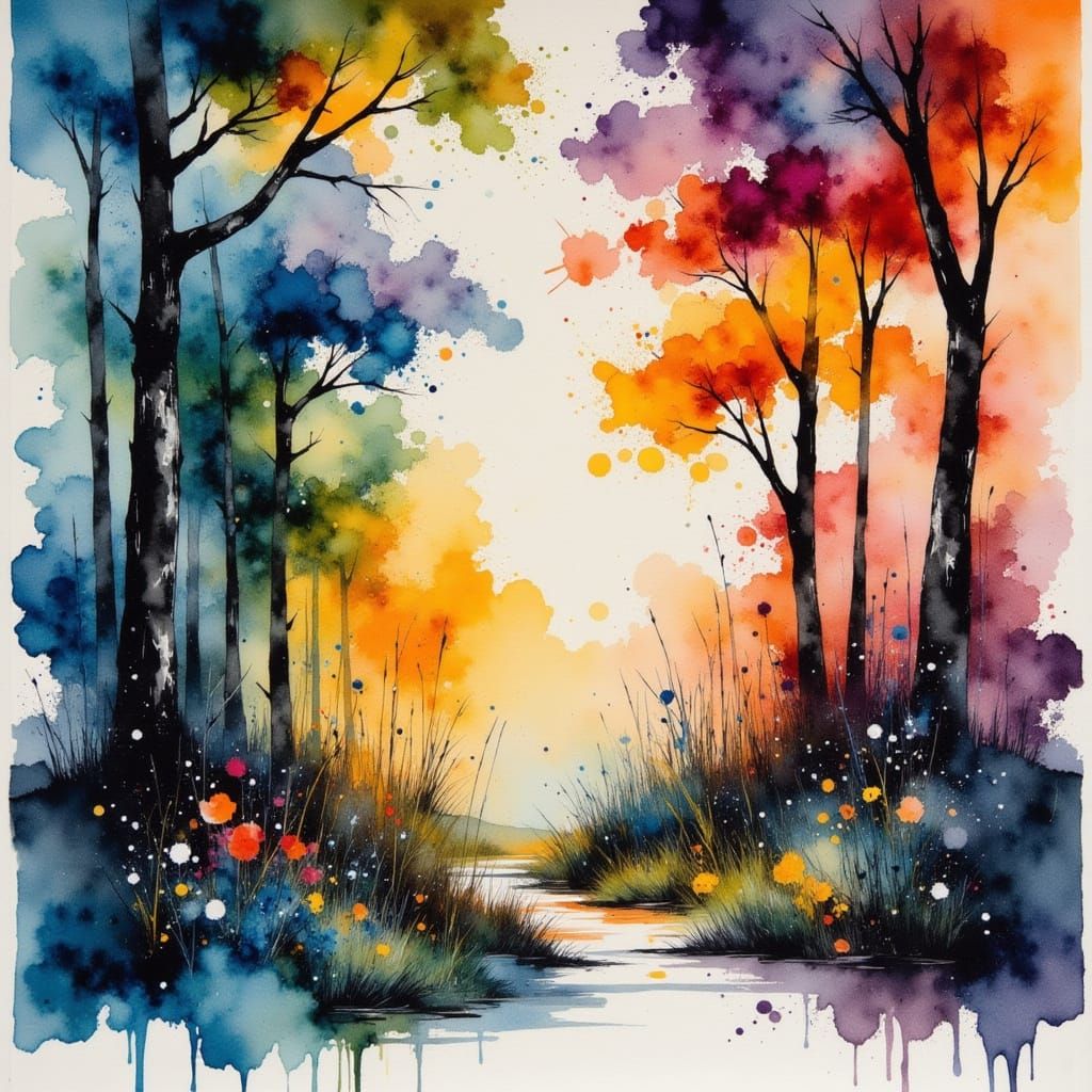 Cosmic Forest in Vivid Inkwash Style