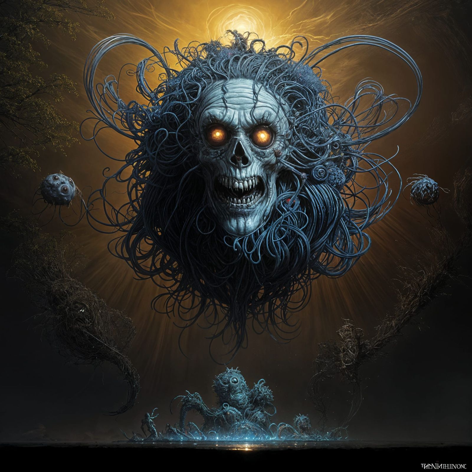Grotesque Flying Spaghetti Monster in Horror Style