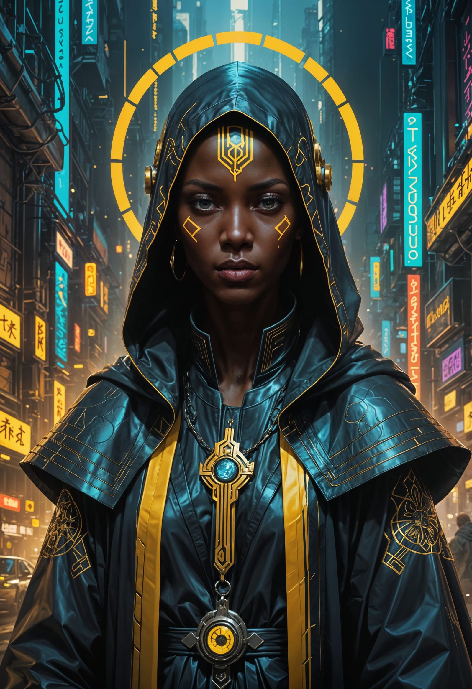 Cyberpunk Priest in Neon Cityscape