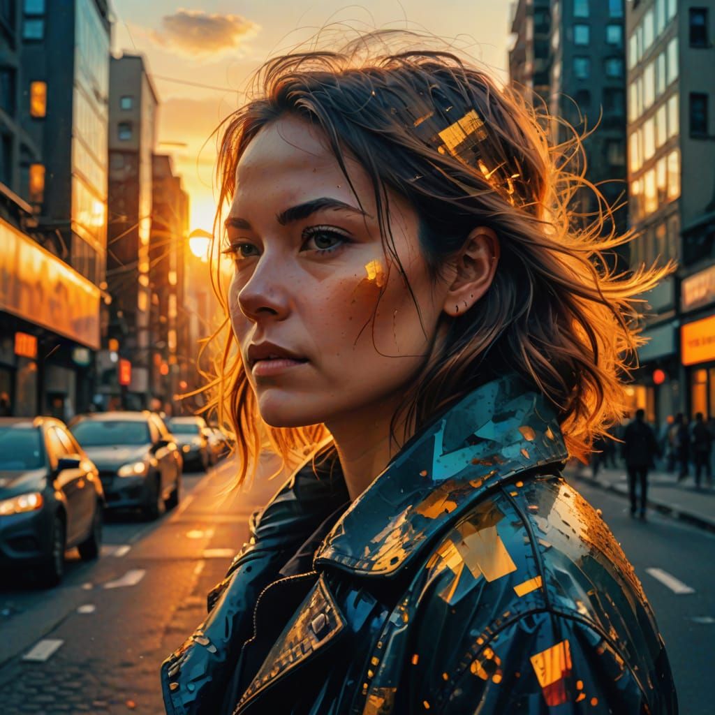 Vibrant Cityscape at Sunset in Expressive Brush Style