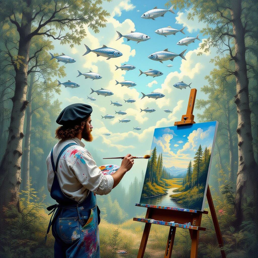 Surrealist Artist Painting Fish in Sky Landscape