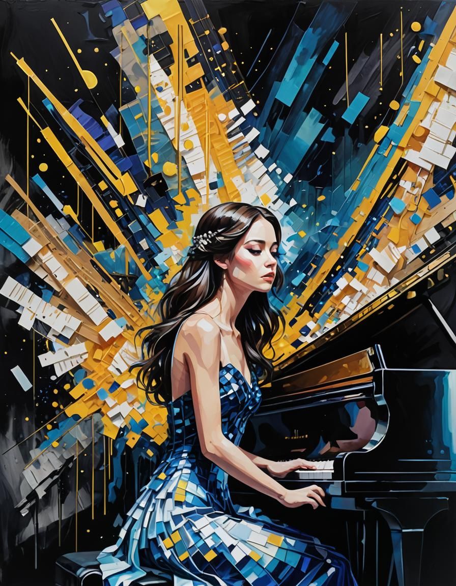 Abstract Pianist with Glitch Effects in Vivid Painting