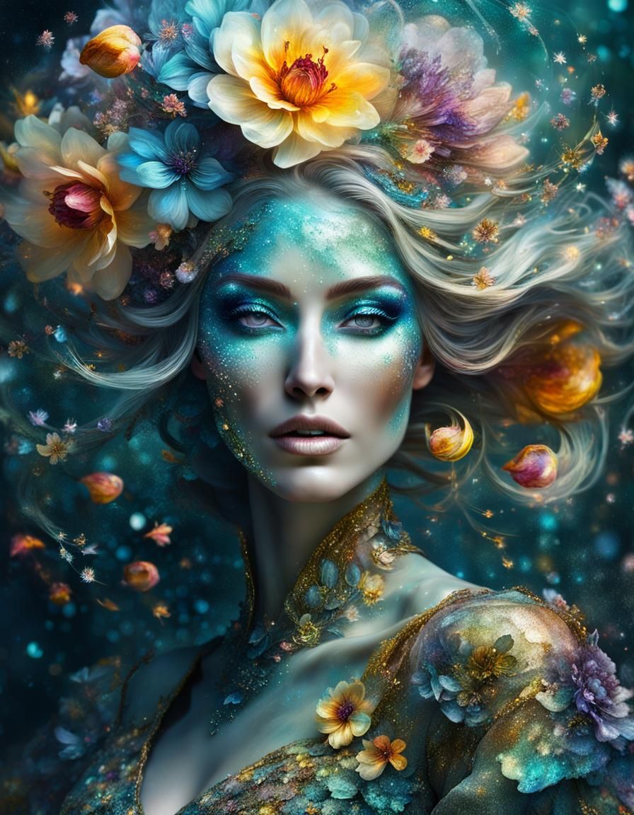 Fantasycore Portrait of Sparkling Flowers and Magic