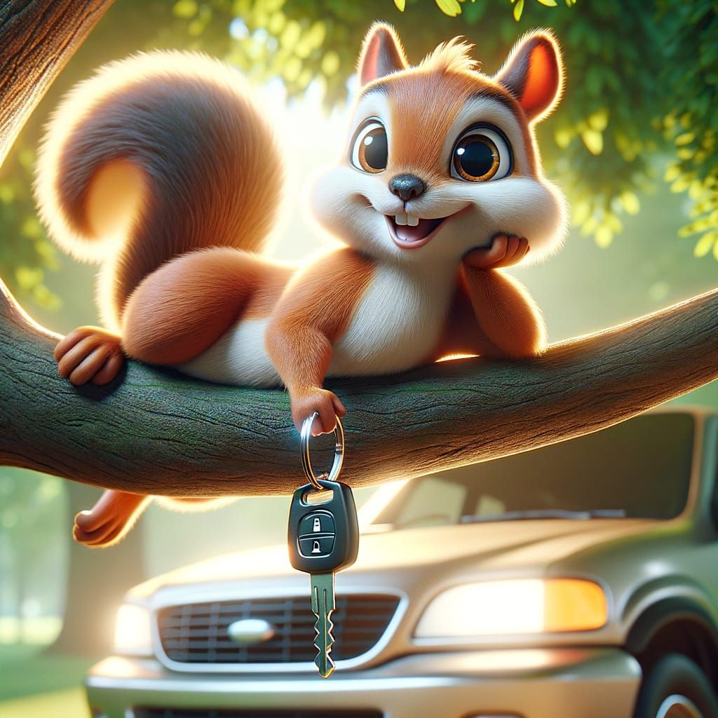 Cartoon Squirrel Steals Car Keys in Classic 3D Style