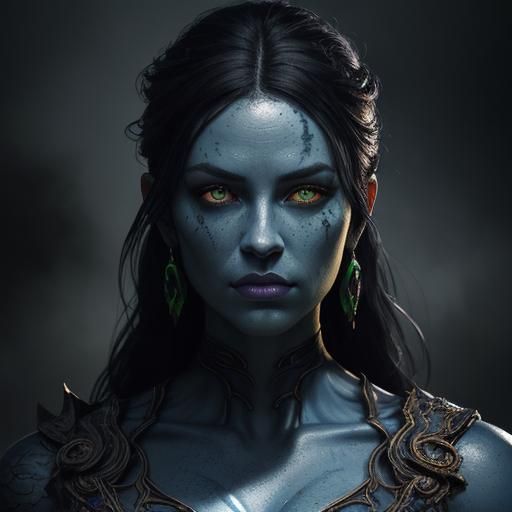 Blue-Skinned Woman Portrait in Dark Fantasy Style