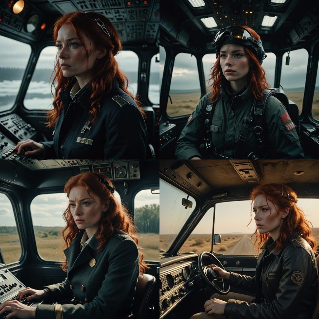 Red-Haired Pilot at Controls of Volga Fax 2401