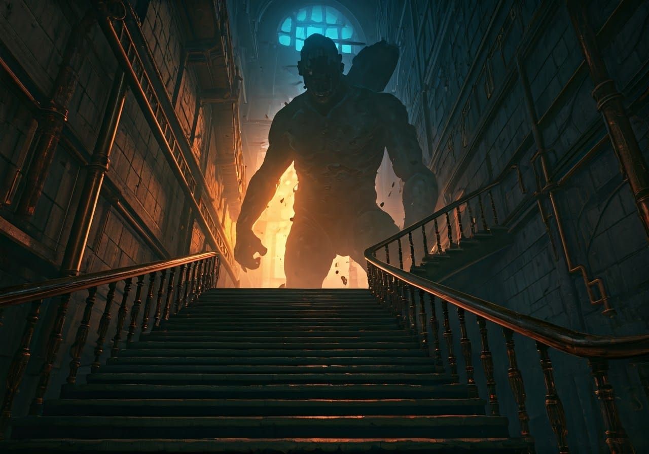 Ominous Figure Descends Stairs in a Haunting Steampunk Scene
