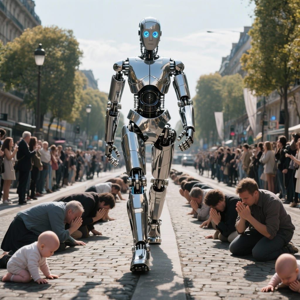 Giant Robot Dominates Paris Avenue with Adoring Crowds