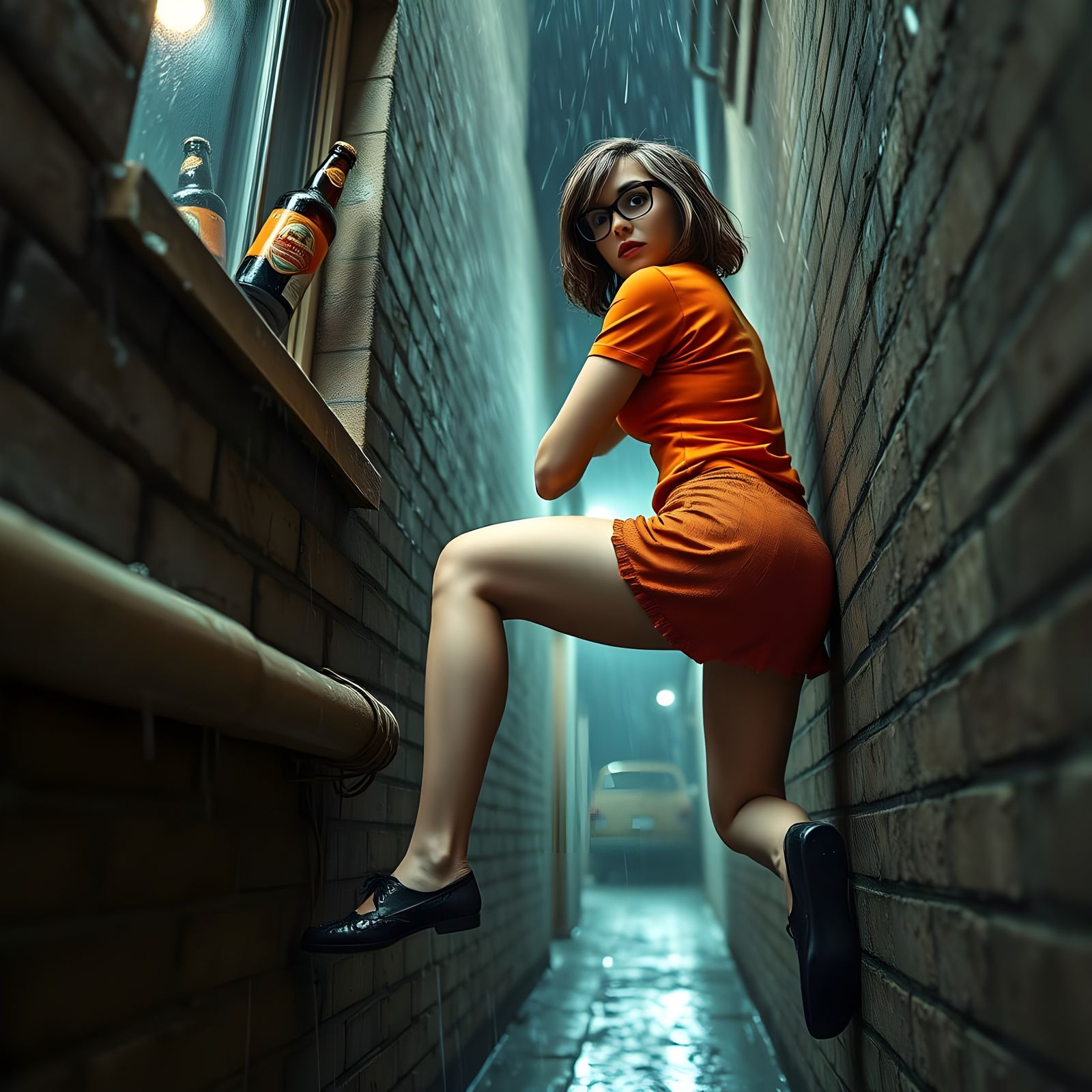 Velma Dinkley in Cinematic, Hyper-Realistic Alleyway Setting
