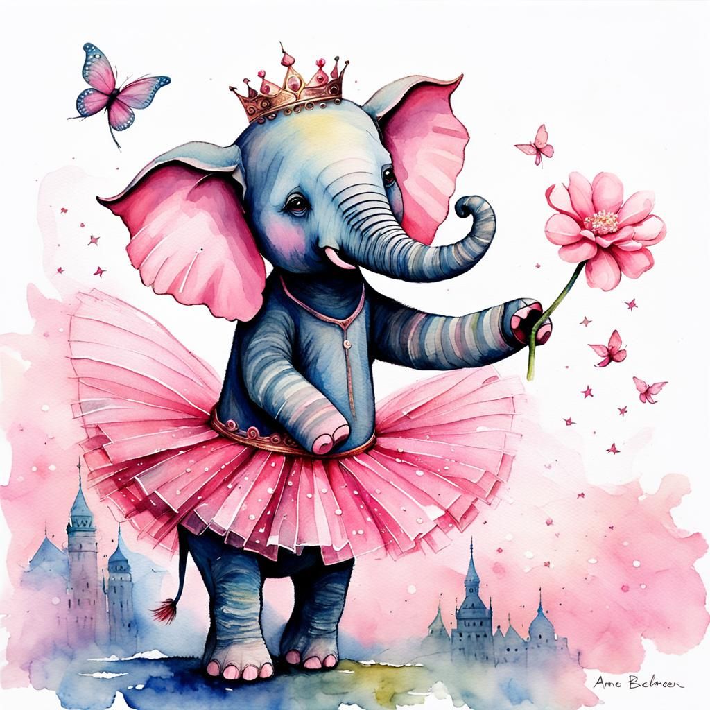 Dancing Pink Elephant Fairy: Watercolor Collage