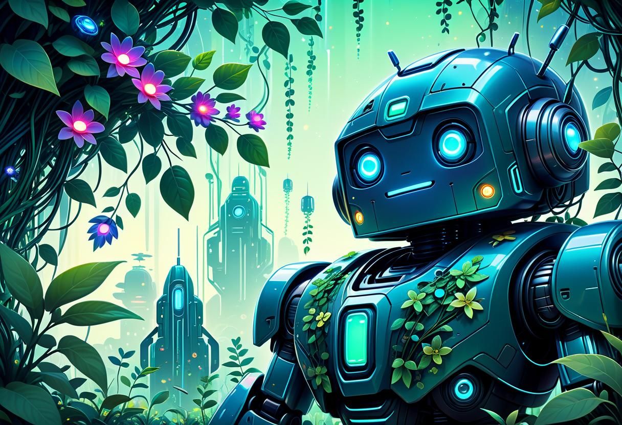 Cute Robot Discovering Enchanted Jungle in Retro-Futurism