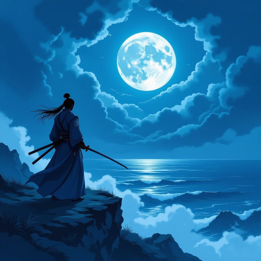 Samurai Warrior on Cliff Overlooking Stormy Sea in Moonlight