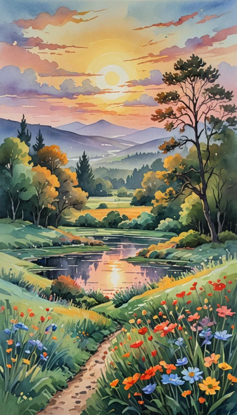 Gouache Sunrise Landscape in Impressionist Style