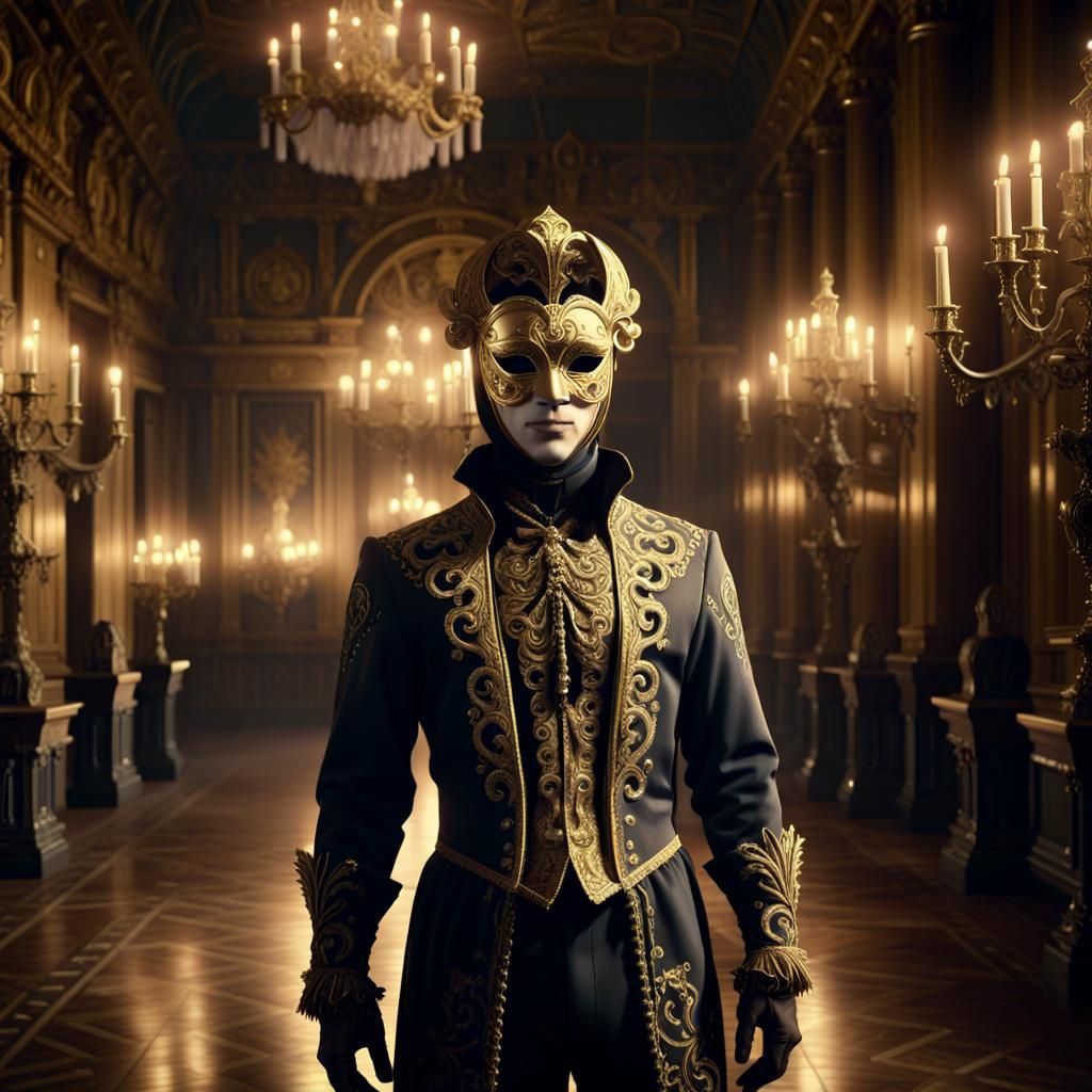 Venetian Masked Man in Ornate Ballroom: Cinematic Digital Ar...