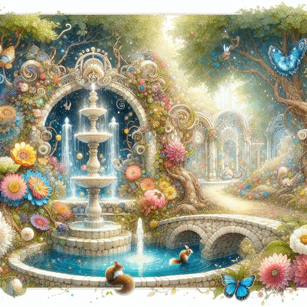 Whimsical Art Nouveau Garden Scene