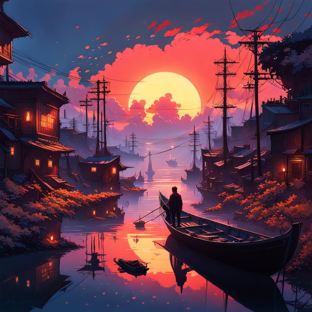 Epic Journey to Distant Shore in Elemental Art Style