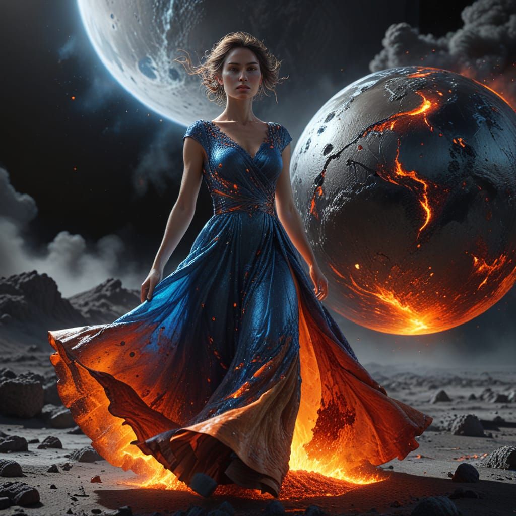 Woman in Fire and Earth Dress on the Moon