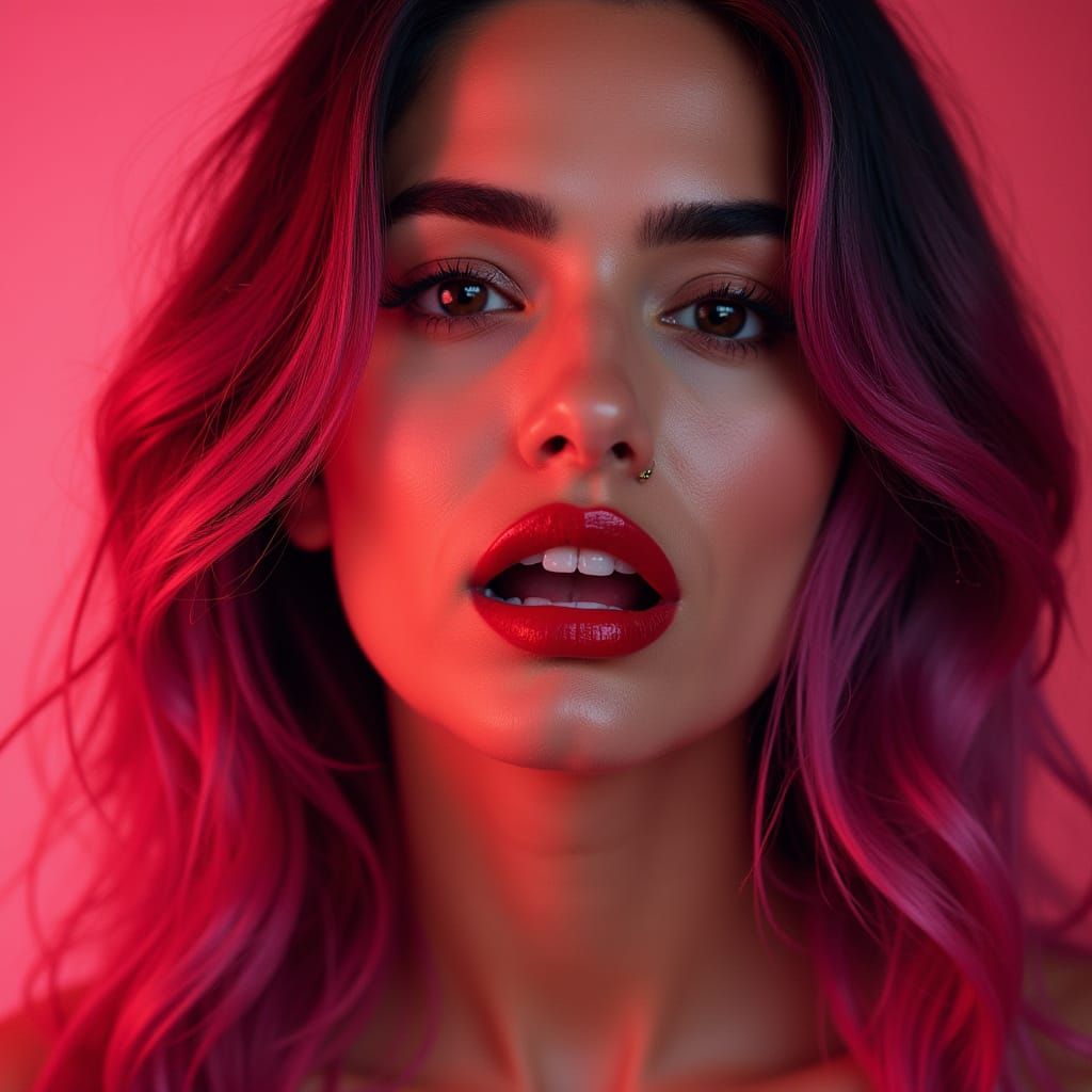 Glamorous Bollywood Starlet in Vibrant Red Lipstick and Pink...