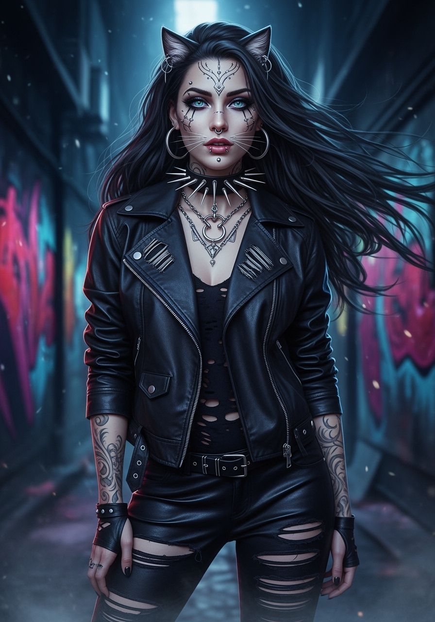 Cyberpunk Cat-Eyed Woman in Leather and Silver